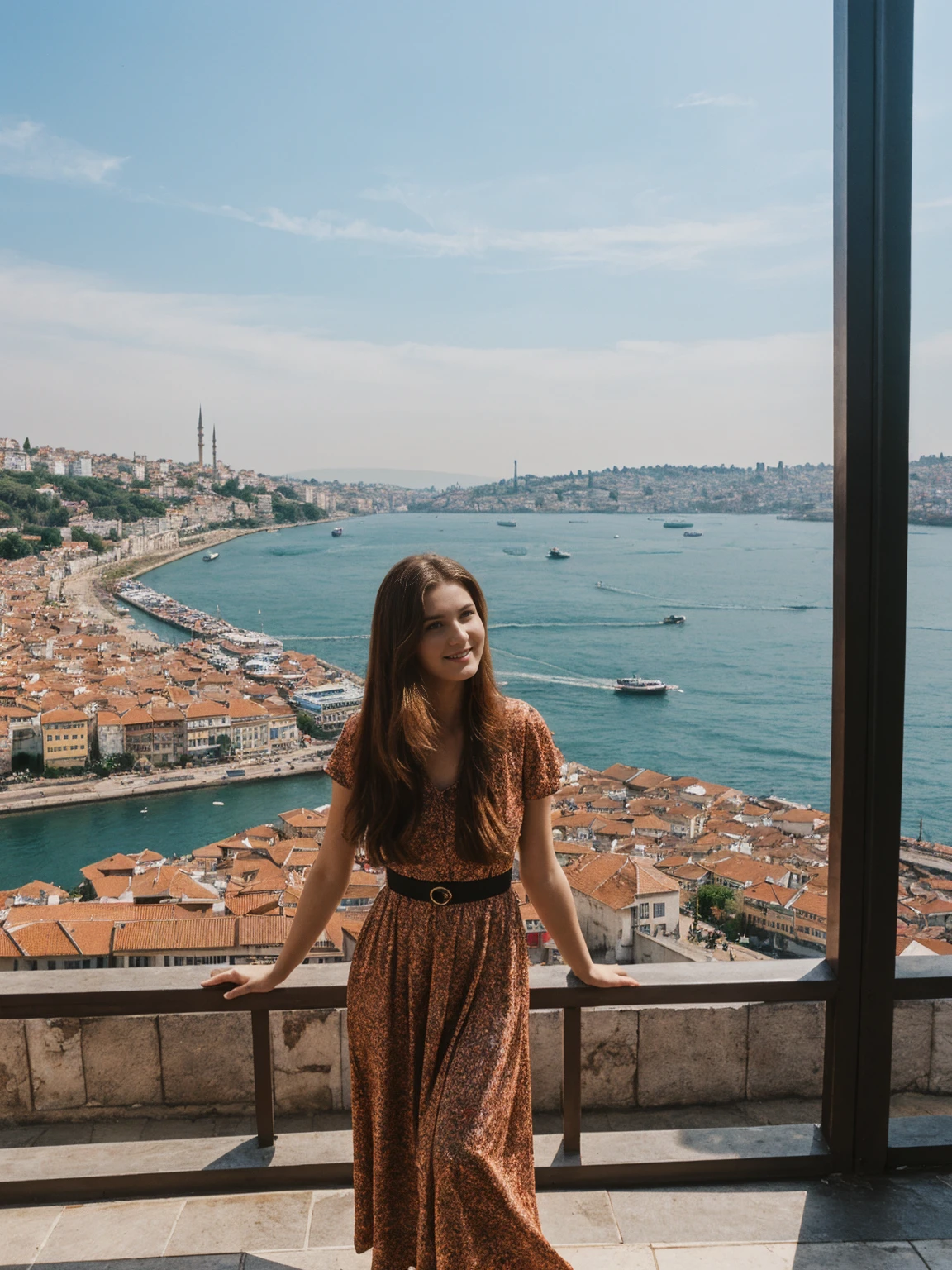 her name is Annie, high quality, 1girl, ((20-year-old fit Caucasian woman)), ((20 years old)), ((fit)) auburn long hair, pose: standing, wearing colored unique g gen Z modern wear, BACKGROUND: Lived between Europe and Asia in Istanbul, with its ancient mosques, bustling bazaars, and breathtaking views of the Bosphorus.