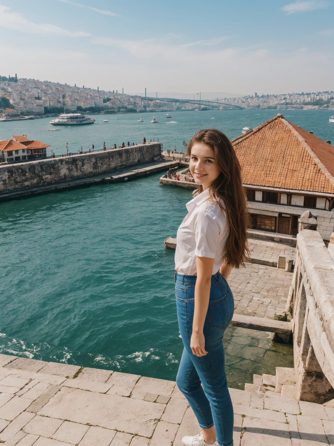 her name is Annie, high quality, 1girl, ((20-year-old fit Caucasian woman)), ((20 years old)), ((fit)) auburn long hair, pose: standing, wearing colored unique g gen Z modern wear, BACKGROUND: Lived between Europe and Asia in Istanbul, with its ancient mosques, bustling bazaars, and breathtaking views of the Bosphorus.