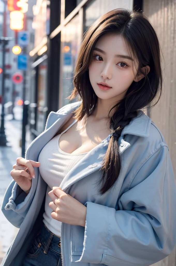 personal，Young Girls，23 years old, Fine hairs, Delicate face, full的身材，Long hair tied up，full, Short hair details，Blue winter coat, Model，snack, sexy breast