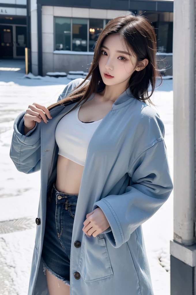 personal,Young Girls,23 years old, Fine hairs, Delicate face, full的身材,Long hair tied up,full, Short hair details,Blue winter coat, Model,snack, sexy breast
