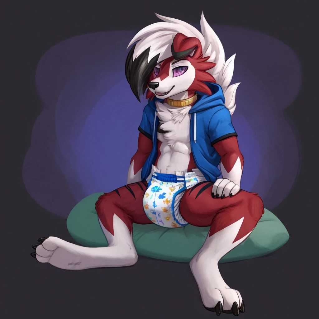 A dark purple Midnight femboy lycanroc wearing a blue and purple hoodie and diaper and white socks with black stripes and a gold necklace on his neck and with bracelets on his arms