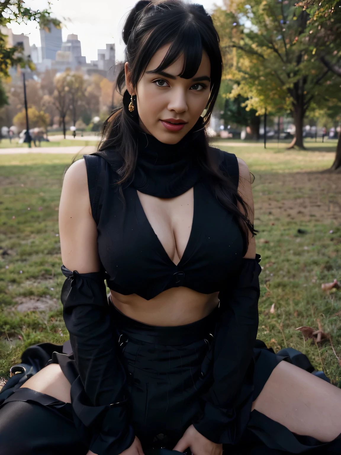 beautiful girl that looks like Bettie page, smile, updo, ponytail hair, black long maxi-skirt(black long maxi-skirt:1.2), black satin gloves,high boots, ((and a long woolen vest )), flirting with the camera, hand bag on her shoulders, sitting on teh grass of central park,
