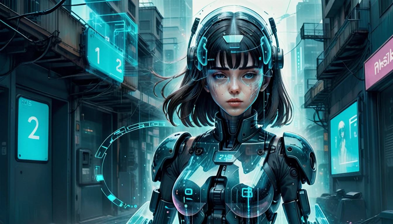 Complex illustrations in surrealist art style，mecha-girl，Futuristic girl，polaroid photograph, filmgrain,  (Cyberpunk:1.3), The new black,(desolving:1.3), (disintegrating:1.3), (disappear:1.3)
Incognito as a virtual hologram person， [European|Korean] Girlfriend says goodbye to the real world, her (Cyan:0.8) The appearance is (Transparent girl:1.3) (fading:1.3) (Numerical solubility:1.3) Into (Code flow:1.3). 
The background is (Numbers Numbers:1.3)