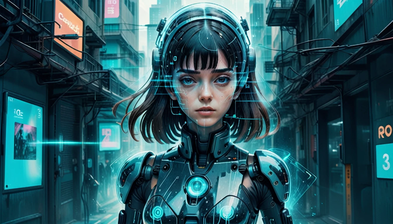 Complex illustrations in surrealist art style，mecha-girl，Futuristic girl，polaroid photograph, filmgrain,  (Cyberpunk:1.3), The new black,(desolving:1.3), (disintegrating:1.3), (disappear:1.3)
Incognito as a virtual hologram person， [European|Korean] Girlfriend says goodbye to the real world, her (Cyan:0.8) The appearance is (Transparent girl:1.3) (fading:1.3) (Numerical solubility:1.3) Into (Code flow:1.3). 
The background is (Numbers Numbers:1.3)