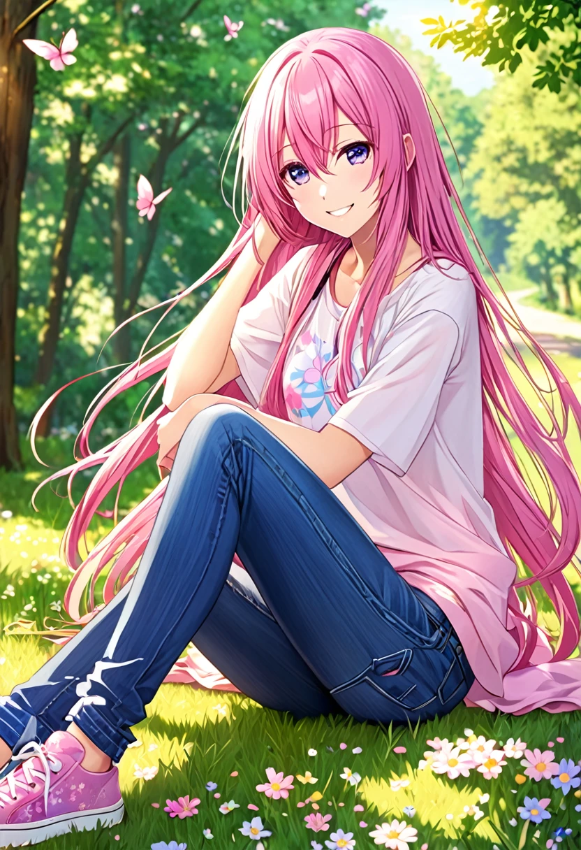 Megurine Luka smile casual clothes jeans colorful morning peace