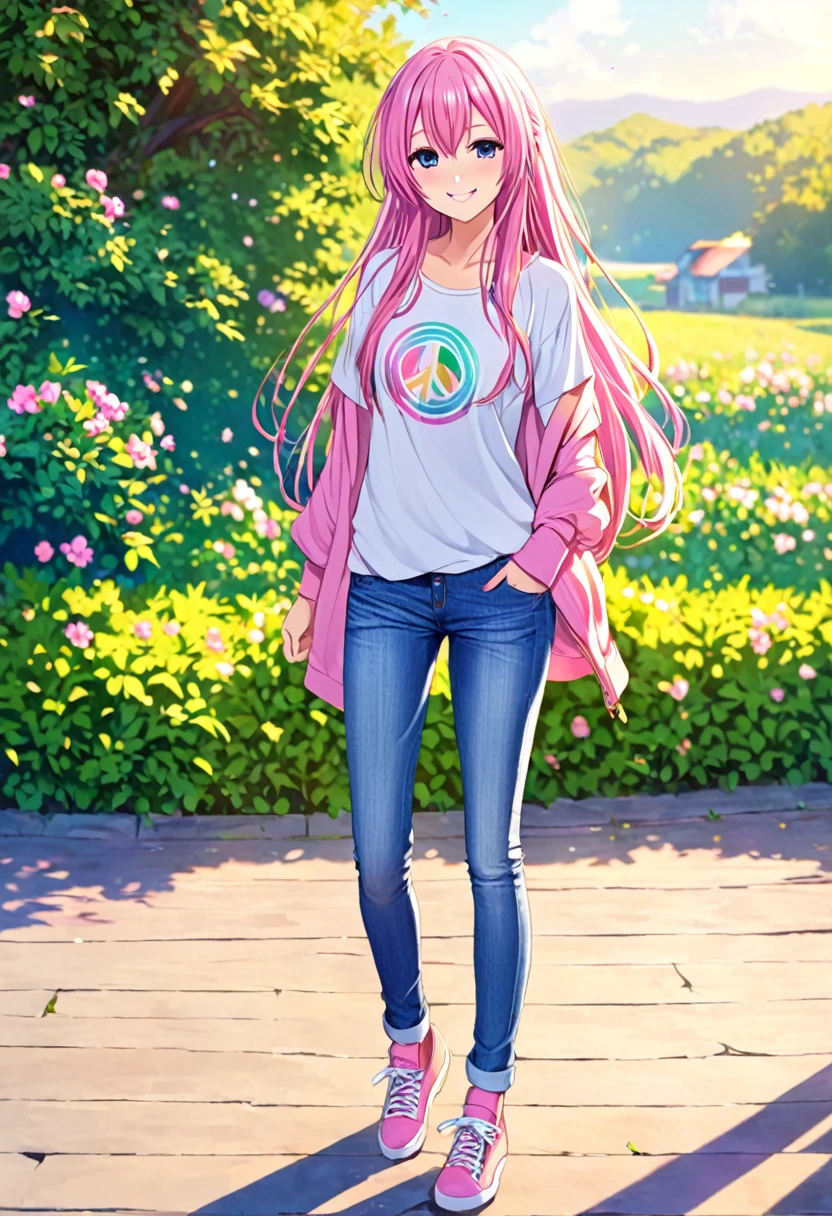 Megurine Luka smile casual clothes jeans colorful morning peace