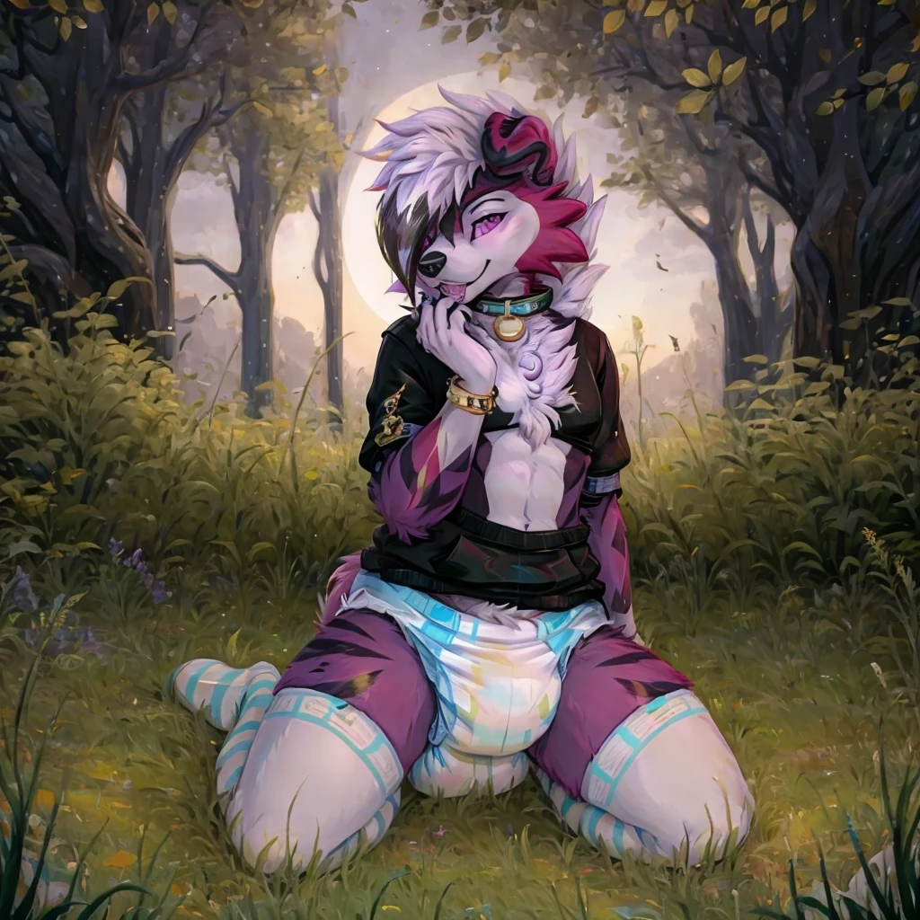 A dark purple Midnight femboy lycanroc wearing a black sweatshirt and a blue diaper and white socks with black stripes and a gold dog collar around his neck and with bracelets on his arms