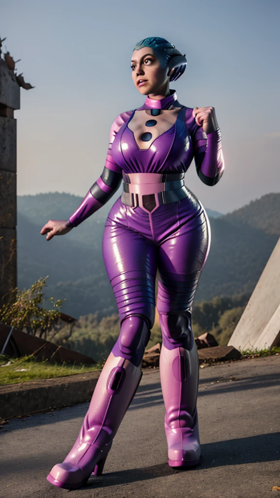 masterpiece, best quality, highres, PEEBEE cosplay as hmochako, blush stickers, short hair, huge breasts, superhero, bodysuit, boots, ruins, building, fighting stance, clenched hands, wide hips, thick thighs ((curvy)), latex suit