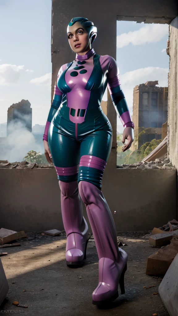 masterpiece, best quality, highres, PEEBEE cosplay as hmochako, blush stickers, short hair, huge breasts, superhero, bodysuit, boots, ruins, building, fighting stance, clenched hands, wide hips, thick thighs ((curvy)), latex suit