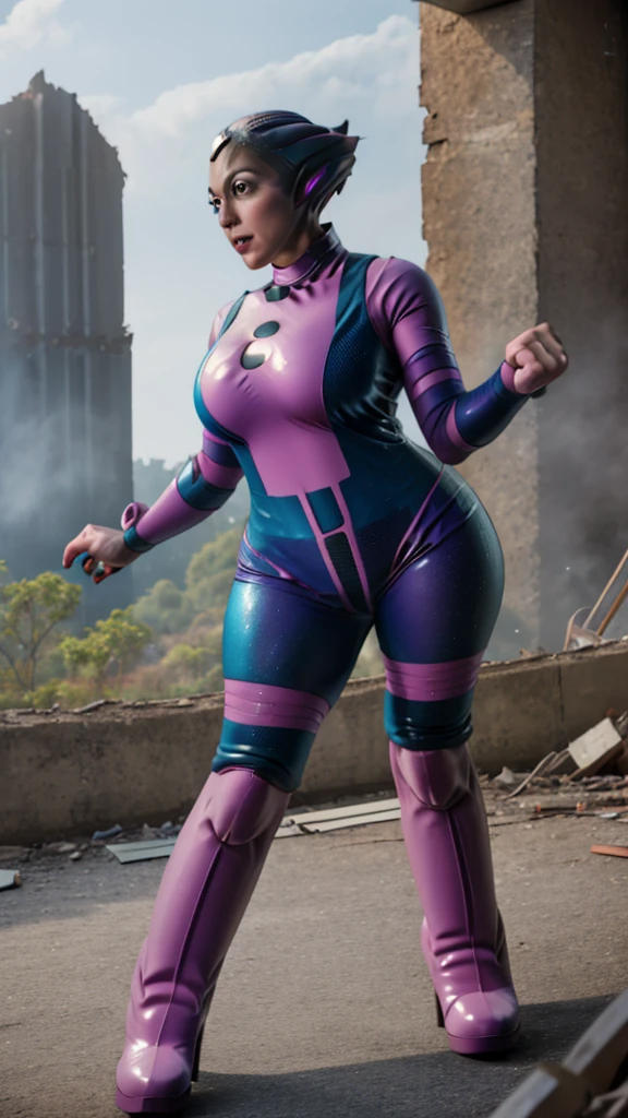 masterpiece, best quality, highres, PEEBEE cosplay as hmochako, blush stickers, short hair, huge breasts, superhero, bodysuit, boots, ruins, building, fighting stance, clenched hands, wide hips, thick thighs ((curvy)), latex suit