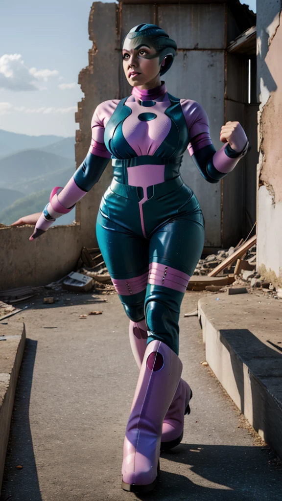 masterpiece, best quality, highres, PEEBEE cosplay as hmochako, blush stickers, short hair, huge breasts, superhero, bodysuit, boots, ruins, building, fighting stance, clenched hands, wide hips, thick thighs ((curvy)), latex suit