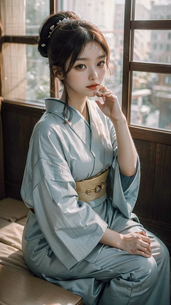 photorealistic, solo, beautiful Japan woman, traditional kimono, natural figure, soft smile, impressive gaze, traditional hairstyle, Japanese room at dusk, sitting by the window, illuminated by city lights, (attractive pose), professional photographer, shallow depth of field, backlit,