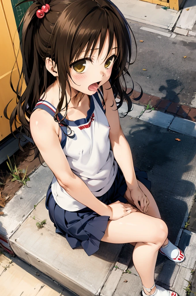 1girl,solo,yuuki mikan,, ,brown hair,, ,1girl,,,small breasts,,open mouth,,sitting on ground,from above,tongue,bare legs