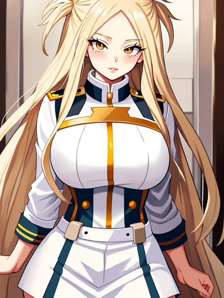 Girl with long hair,Ash blonde hair with lighter blonde highlights,hazel eyes,pompous lips,slim,linda,big breasts,long eyelashes,my hero academia uniform and my hero academia drawing style