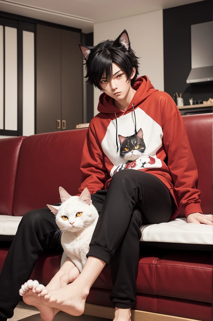 make an anime style drawing with the background of a living room. The character is a anthropomorphic cat boy with white fur, scarlet red eyes and four toed feet as well as hands with four fingers. He's wearing a black hoodie with black pants. He's sitting on a leather couch while resting his feet on a glass table