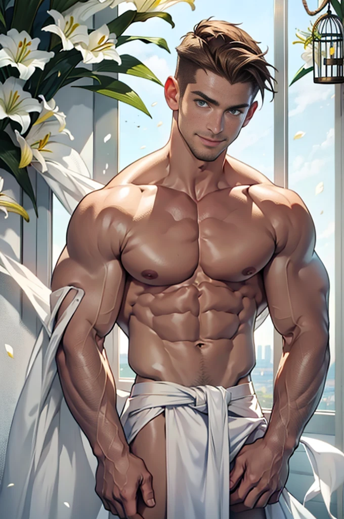 a handsome tall man, He is 28 years old,Thin waist,The pectoral muscles are well developed, He is 175cm tall,Weight 62 kg、yellow-green eyes、brown hair color、short hair、Shirtless、looking into camera,Smile,((lily)),cage,Lace-up,white rope,white cloth curtains,falling white petals,underwear,white gauze