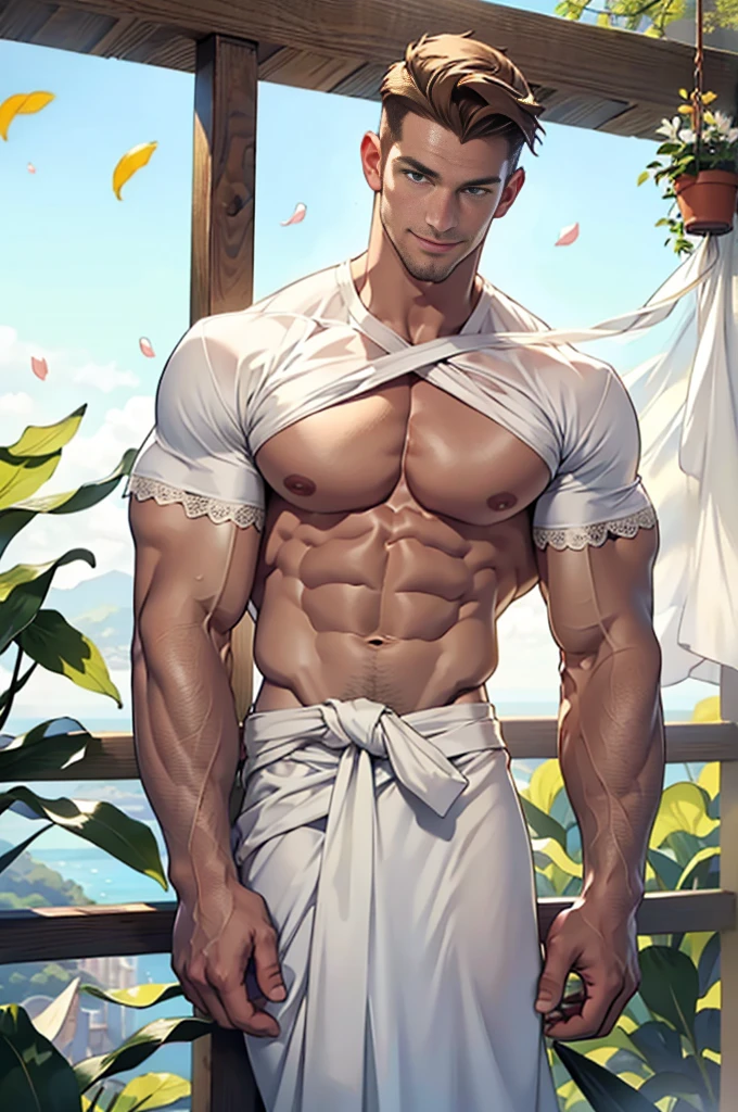 a handsome tall man, He is 28 years old,Thin waist,The pectoral muscles are well developed, He is 175cm tall,Weight 62 kg、yellow-green eyes、brown hair color、short hair、Shirtless、looking into camera,Smile,((lily)),cage,Lace-up,white rope,white cloth curtains,falling white petals,underwear,white gauze