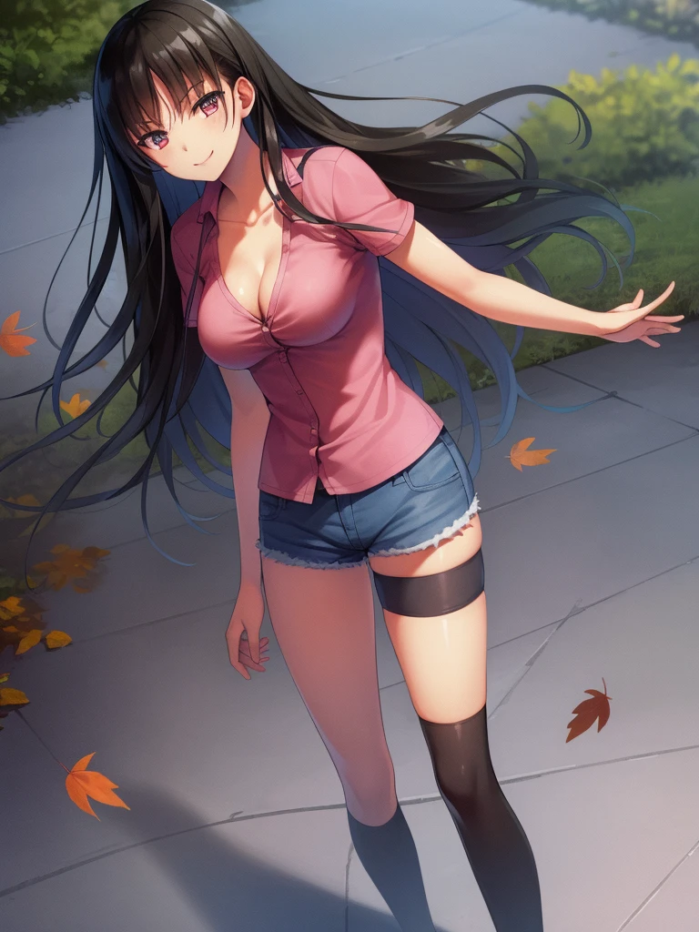 (8K, Highest quality, Highest quality, masterpiece), standing, 1girl, solo girl, only 1 girl)), fullbody, solo, cowboy shot, aasuzune, long hair, black hair, hair loose in the wind, leafs in the air, (dusk), bikini top, white bikini, black thighhighs, ((jealousy, angry)), (Shorts, denim shorts), outdoors, large breasts, cleavage, underboob