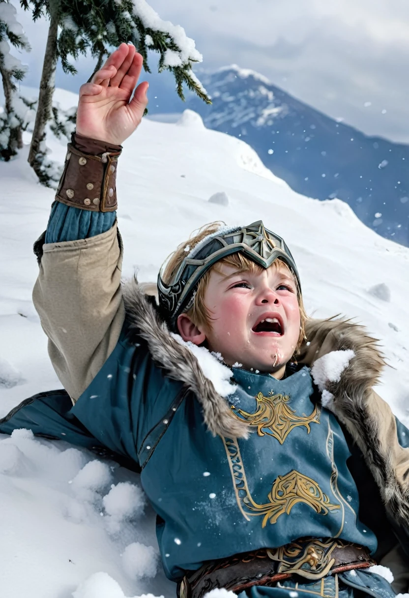 viking boy lying in the snow crying, with his hand raised