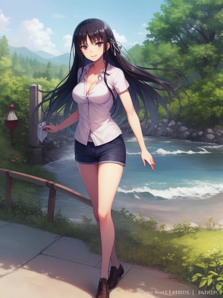 (8K, Highest quality, Highest quality, masterpiece), standing, 1girl, solo girl, only 1 girl)), fullbody, solo, cowboy shot, aasuzune, long hair, black hair, hair loose in the wind, leafs in the air, (summer sky), casual shirt, mini top, black thighhighs, ((smile)), (Shorts, denim shorts), outdoors, large breasts, cleavage