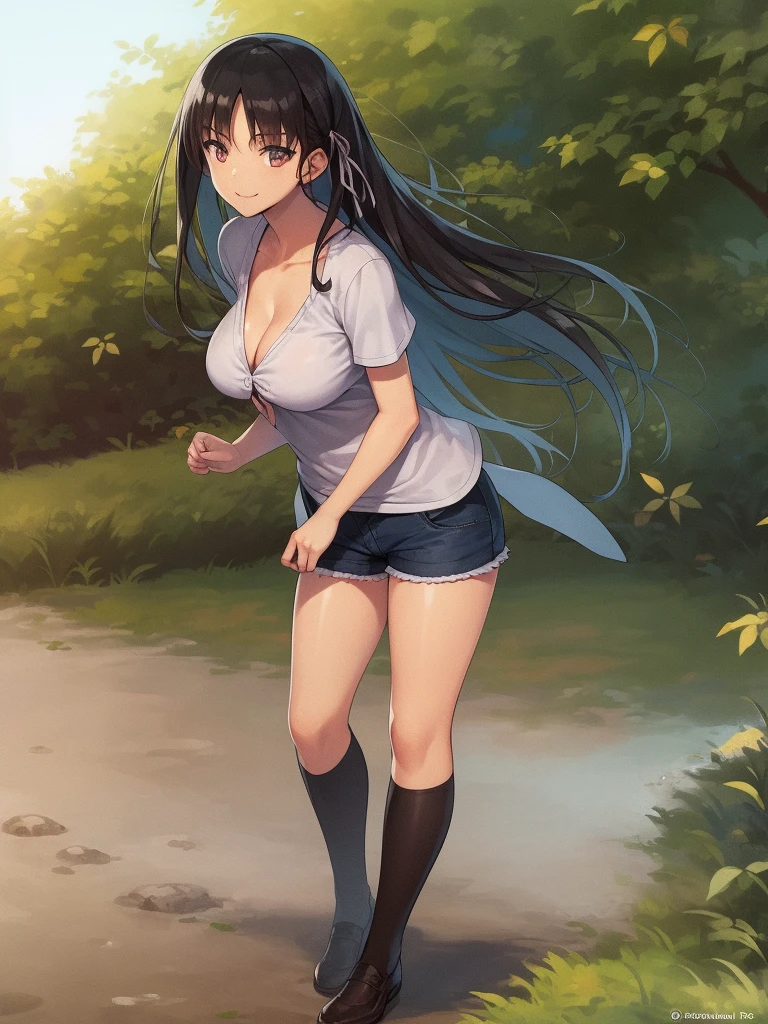 (8K, Highest quality, Highest quality, masterpiece), standing, 1girl, solo girl, only 1 girl)), fullbody, solo, cowboy shot, aasuzune, long hair, black hair, hair loose in the wind, leafs in the air, (summer sky), casual shirt, mini top, black thighhighs, ((smile)), (Shorts, denim shorts), outdoors, large breasts, cleavage