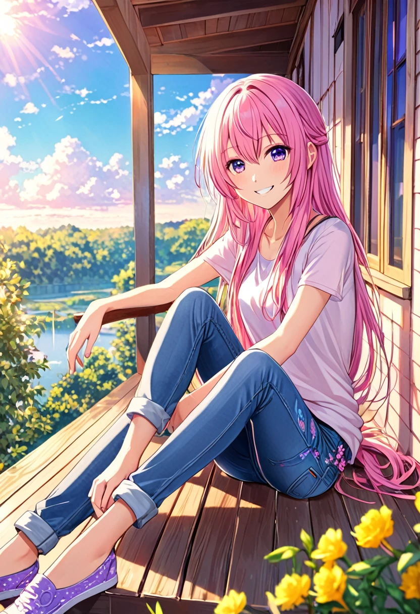Megurine Luka smile casual clothes jeans colorful morning peace