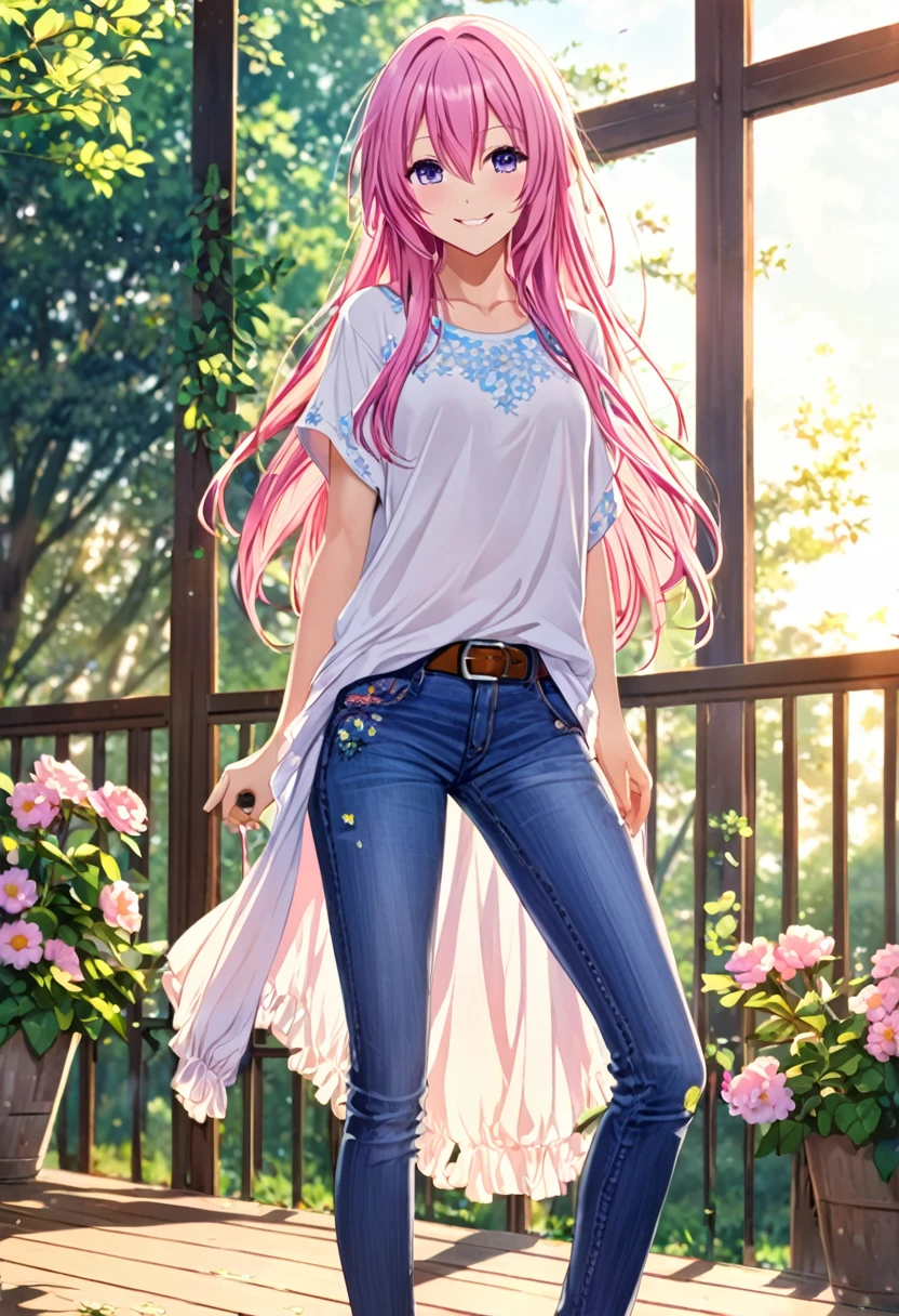 Megurine Luka smile casual clothes jeans colorful morning peace