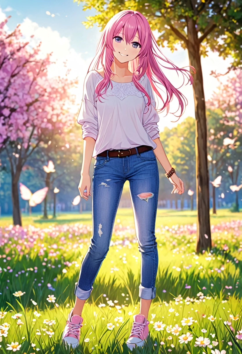 Megurine Luka smile casual clothes jeans colorful morning peace