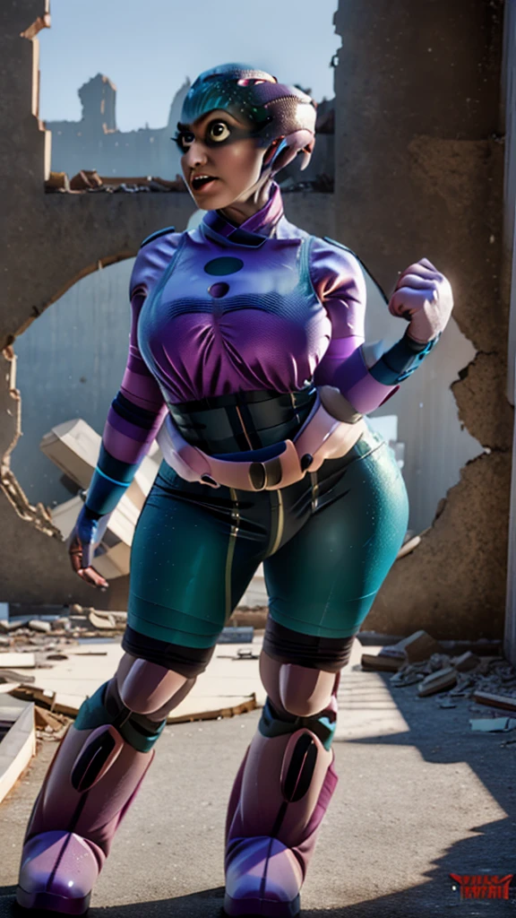 masterpiece, best quality, highres, PEEBEE cosplay as hmochako, blush stickers, short hair, huge breasts, superhero, bodysuit, boots, ruins, building, fighting stance, clenched hands, wide hips, thick thighs ((curvy)), latex suit