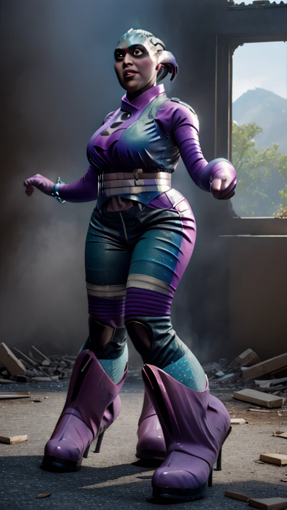 masterpiece, best quality, highres, PEEBEE cosplay as hmochako, blush stickers, short hair, huge breasts, superhero, bodysuit, boots, ruins, building, fighting stance, clenched hands, wide hips, thick thighs ((curvy)), latex suit
