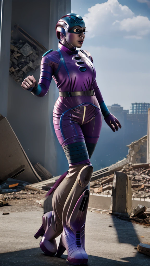 masterpiece, best quality, highres, PEEBEE cosplay as hmochako, blush stickers, short hair, huge breasts, superhero, bodysuit, boots, ruins, building, fighting stance, clenched hands, wide hips, thick thighs ((curvy)), latex suit