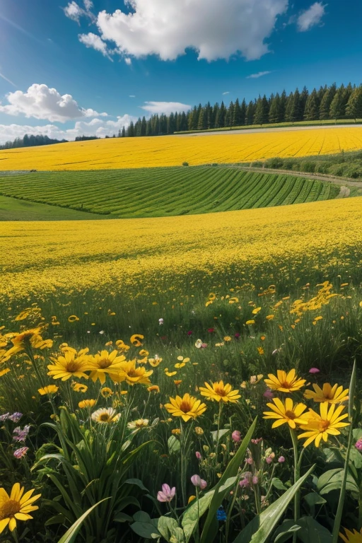 Field full of flowers,with different butterflies,a wind blowing against the flowers