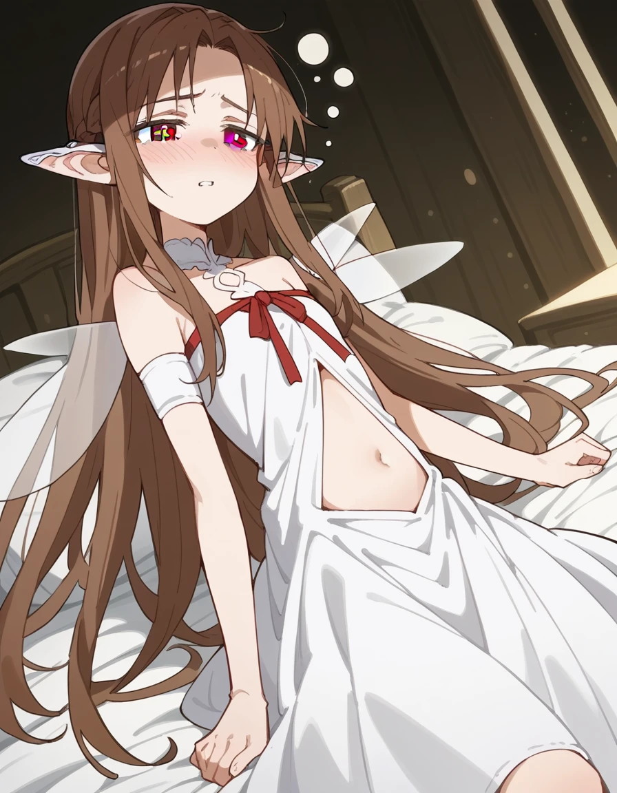 score_9, score_8_superior, score_7_superior, sauce_anime,
asunayuuki, As Yuuki, Long Hair, Brown Hair, Brown eyes, very Long Hair, Braiding, Pointed Ears, Fairy, Ear coverings,
belly button, Bare shoulders, abdomen, dress, white dress, ribbon, red ribbon, Fairy, Fairy wings,
indoor, bed, bed room, ~ side, blush, Drunk,
Cowboy Shot, View your viewers, alone, Dutch Angle,