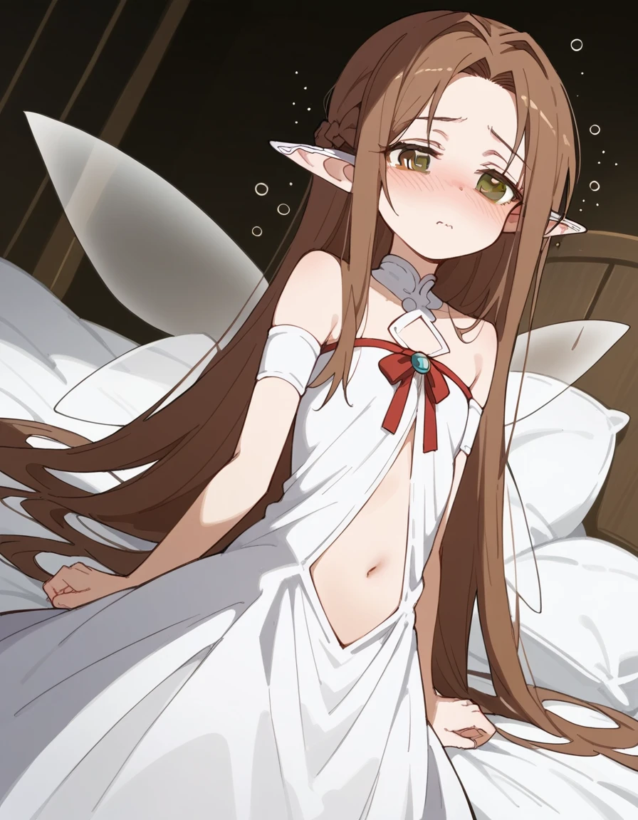score_9, score_8_superior, score_7_superior, sauce_anime,
asunayuuki, As Yuuki, Long Hair, Brown Hair, Brown eyes, very Long Hair, Braiding, Pointed Ears, Fairy, Ear coverings,
belly button, Bare shoulders, abdomen, dress, white dress, ribbon, red ribbon, Fairy, Fairy wings,
indoor, bed, bed room, ~ side, blush, Drunk,
Cowboy Shot, View your viewers, alone, Dutch Angle,