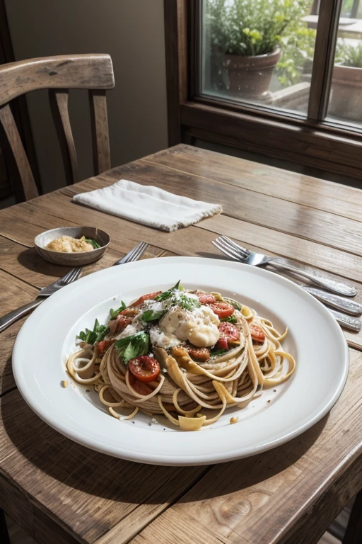 A plate of artfully arranged gourmet pasta on a white plate, with vibrant colors and layers of intricate details, placed on a rustic wooden table in natural daylight, accompanied by a linen napkin and partially visible silver cutlery, capturing the essence of a beautifully presented Italian dish, worthy of an Instagram post