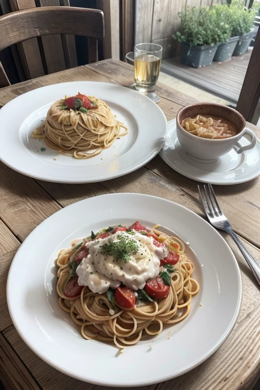 A plate of artfully arranged gourmet pasta on a white plate, with vibrant colors and layers of intricate details, placed on a rustic wooden table in natural daylight, accompanied by a linen napkin and partially visible silver cutlery, capturing the essence of a beautifully presented Italian dish, worthy of an Instagram post