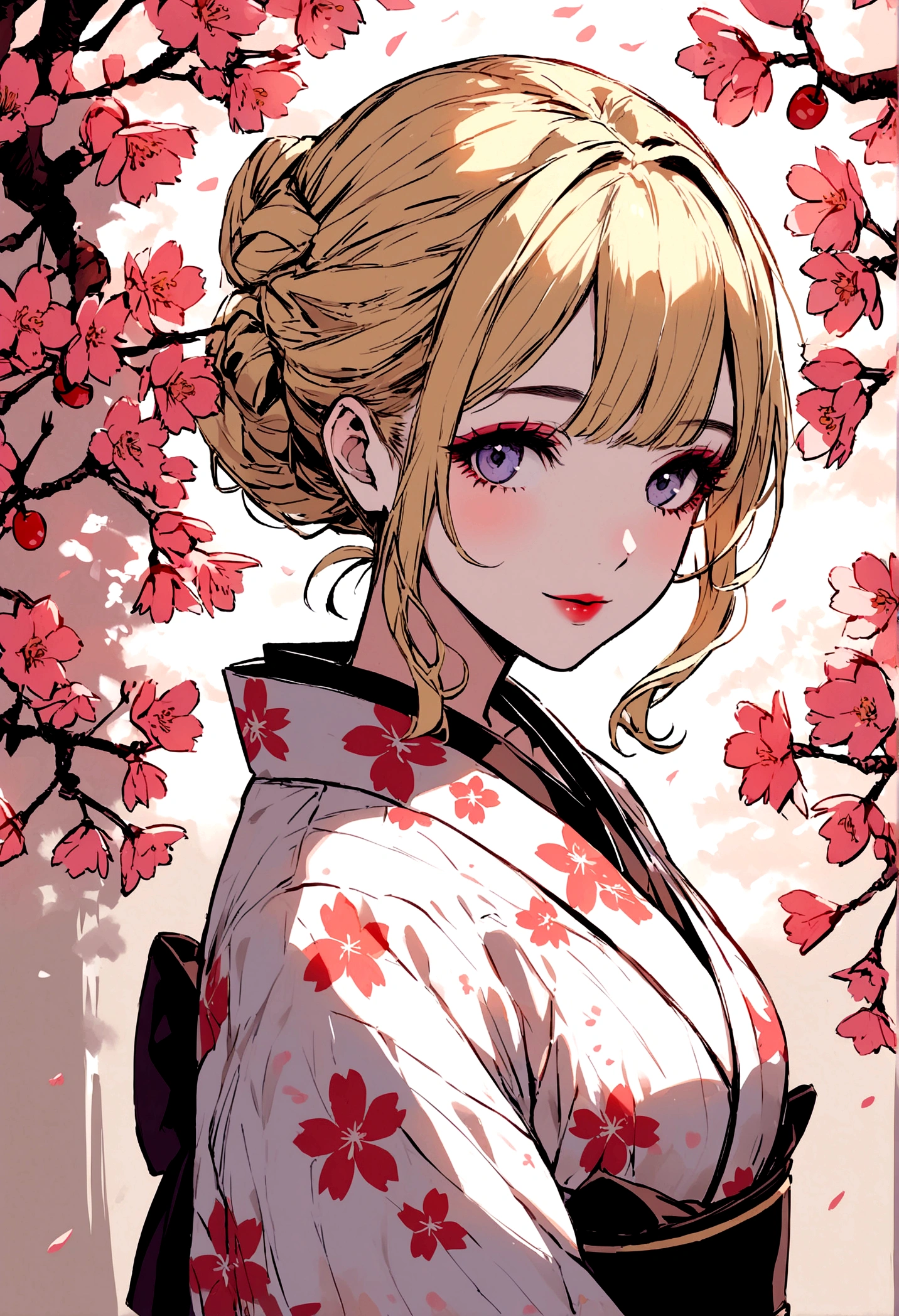Young and beautiful Japanese woman with blonde hair, wearing a cherry blossom yukata