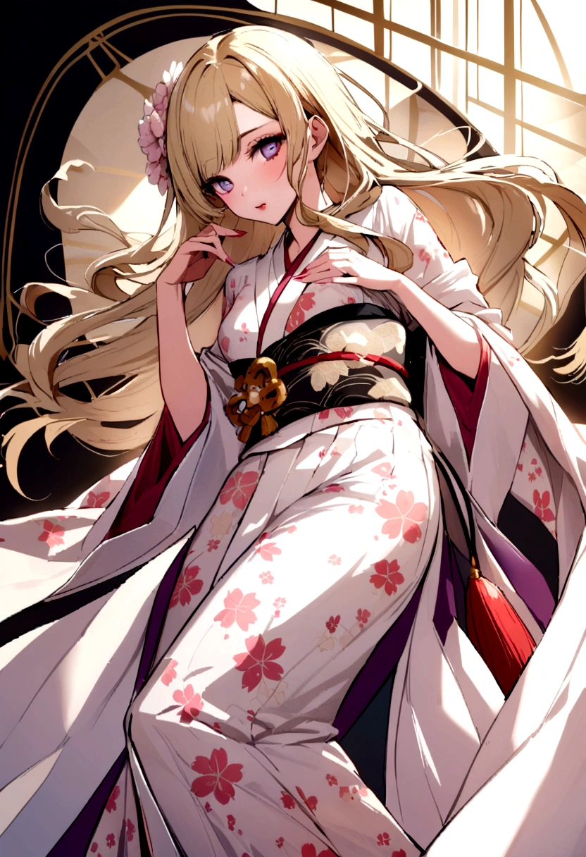 Young and beautiful Japanese woman with blonde hair, wearing a cherry blossom yukata