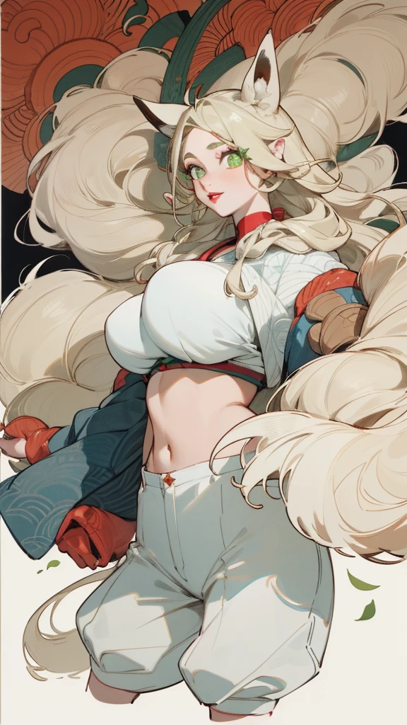 Upper body standing painting, Vision, panoramic, Honey, Solitary, Fair skin, (Fox ears), Exquisite eyes, Facial details, Green Eyes, Red Eyeshadow, lips are red,white shorts, Fake laugh, Ukiyo-e, masterpiece, high quality,White boots,Huge breasts
