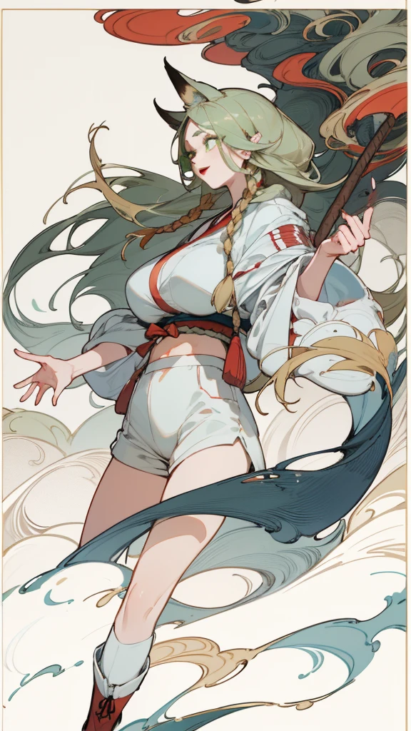 White skin, (Fox ears), Exquisite eyes,Red Eyeshadow, Red lips,White shorts,Fake laugh, Ukiyo-e, masterpiece, high quality, at the lowest limit, Tiny,White boots,Huge breasts,Wearing a straw hat
