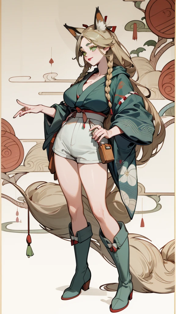 solitary, (Fox ears), Exquisite eyes, blond,Facial details, Green Eyes, Red Eyeshadow, red lips, Fake laugh, Ukiyo-e, masterpiece, high quality, at the lowest limit, Large Breasts,Black pantyhose