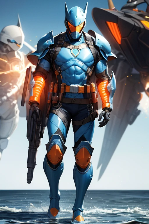 ((best quality)), ((masterpiece)), (detailed), 1 male, full body, 23 years old, masked, light blue helmet, piranha helmet, smooth head, superhero mask, black necklace, tall, thin, grey details, mechanical shark head, piranha suit, black gloves, orange grenades on his chest harness belt, black chest harness belt, light blue wristbands, water guns on his shoulders, shooting water, diving suit, light blue suit resembling light armor, light blue armor with an emblem, yellow details, orange circular emblem on his chest, orange emblem, light blue pants, grey knee pads, metallic light blue boots, black superhero belt, standing on a pier by the sea, city background, anime