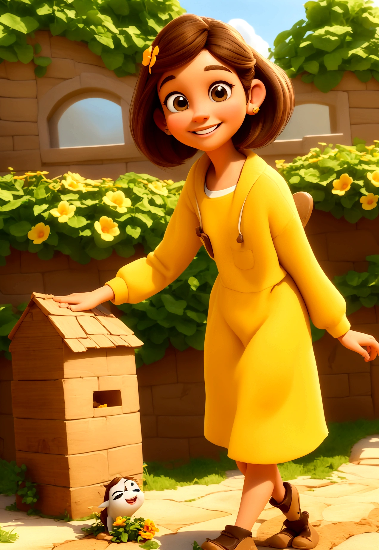 young happy woman smiling, light brown hair, light brown eyes, with small nose with garden in the backgroundEstilo Pixar, 3d, desenhos animados