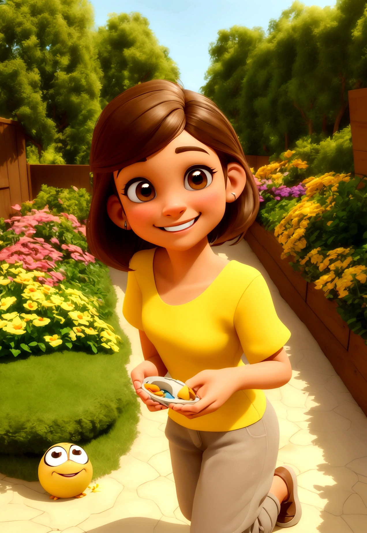 young happy woman smiling, light brown hair, light brown eyes, with small nose with garden in the backgroundEstilo Pixar, 3d, desenhos animados