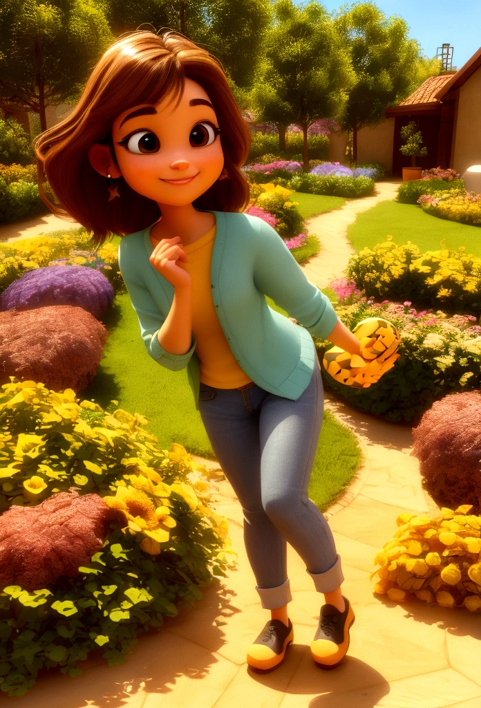 young happy woman smiling, light brown hair, light brown eyes, with small nose with garden in the backgroundEstilo Pixar, 3d, desenhos animados