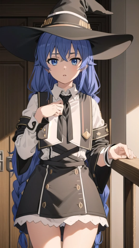 BREAK (masterpiece:1.2), best quality, high resolution, unity 8k wallpaper, (illustration:0.8), (beautiful detailed eyes:1.6), extremely detailed face, perfect lighting, extremely detailed CG, (perfect hands, perfect anatomy),twin braids, long hair, blue hair, blue eyes
white dress, neck ribbon, black ribbon, black skirt, witch hat, black hat