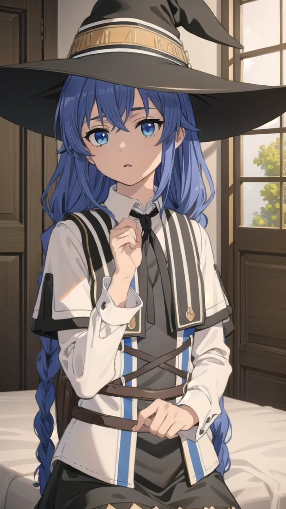 BREAK (masterpiece:1.2), best quality, high resolution, unity 8k wallpaper, (illustration:0.8), (beautiful detailed eyes:1.6), extremely detailed face, perfect lighting, extremely detailed CG, (perfect hands, perfect anatomy),twin braids, long hair, blue hair, blue eyes
white dress, neck ribbon, black ribbon, black skirt, witch hat, black hat