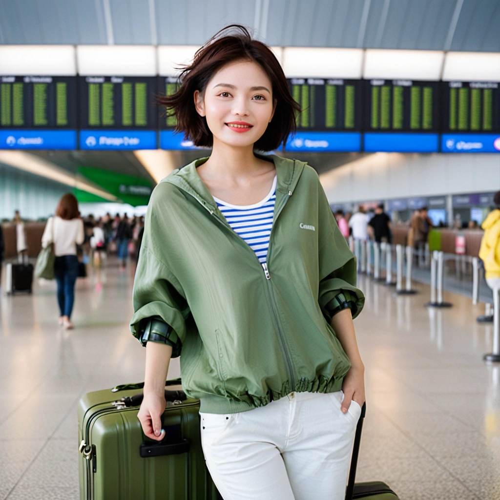 beautiful korean girl , 32 inch chest size, Your eyes are big and pretty. Short in stature. Standing in the departure hall of the airport. . short medium hair, Standing in line at the departure hall of Frankfurt Airport, Germany. He wore a white shirt, a green jumper, and white casual pants.s.Dragging a suitcase. short medium hair, short height, Full body shot with Canon camera 16-35 wide angle lens, short medium hair. A struggling look on his face, uhd