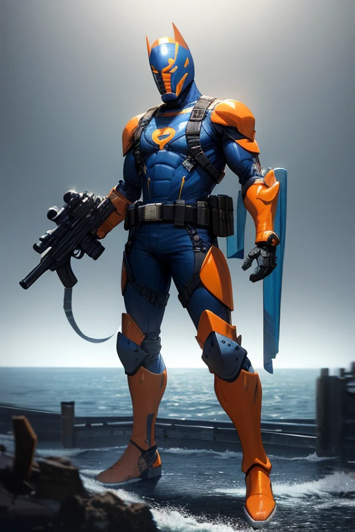 ((best quality)), ((masterpiece)), (detailed), 1 male, full body, 23 years old, masked, light blue helmet, piranha helmet, smooth head, superhero mask, black necklace, tall, thin, grey details, mechanical shark head, piranha suit, black gloves, orange grenades on his chest harness belt, black chest harness belt, light blue wristbands, water guns on his shoulders, shooting water, diving suit, light blue suit resembling light armor, light blue armor with an emblem, yellow details, orange circular emblem on his chest, orange emblem, light blue pants, grey knee pads, metallic light blue boots, black superhero belt, standing on a pier by the sea, city background, anime