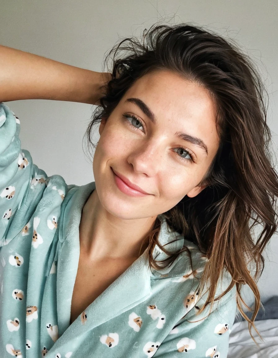 selfie instagram , une femme magnifique de 23 ans , léger sourire , visage et yeux détaillés , Éclairage naturel , à la maison , cheveux longs, porter un joli pyjama , grain de film, faible contraste, visage naturel , taches de rousseur , cheveux noirs , yeux bleus, cernes sous les yeux, nue, sans vetements